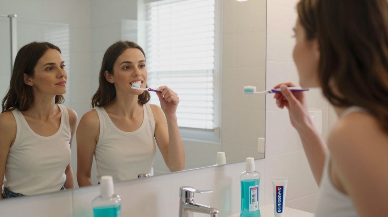 Woman in a white tank top brushing her teeth while looking at her reflection in the bathroom mirror.