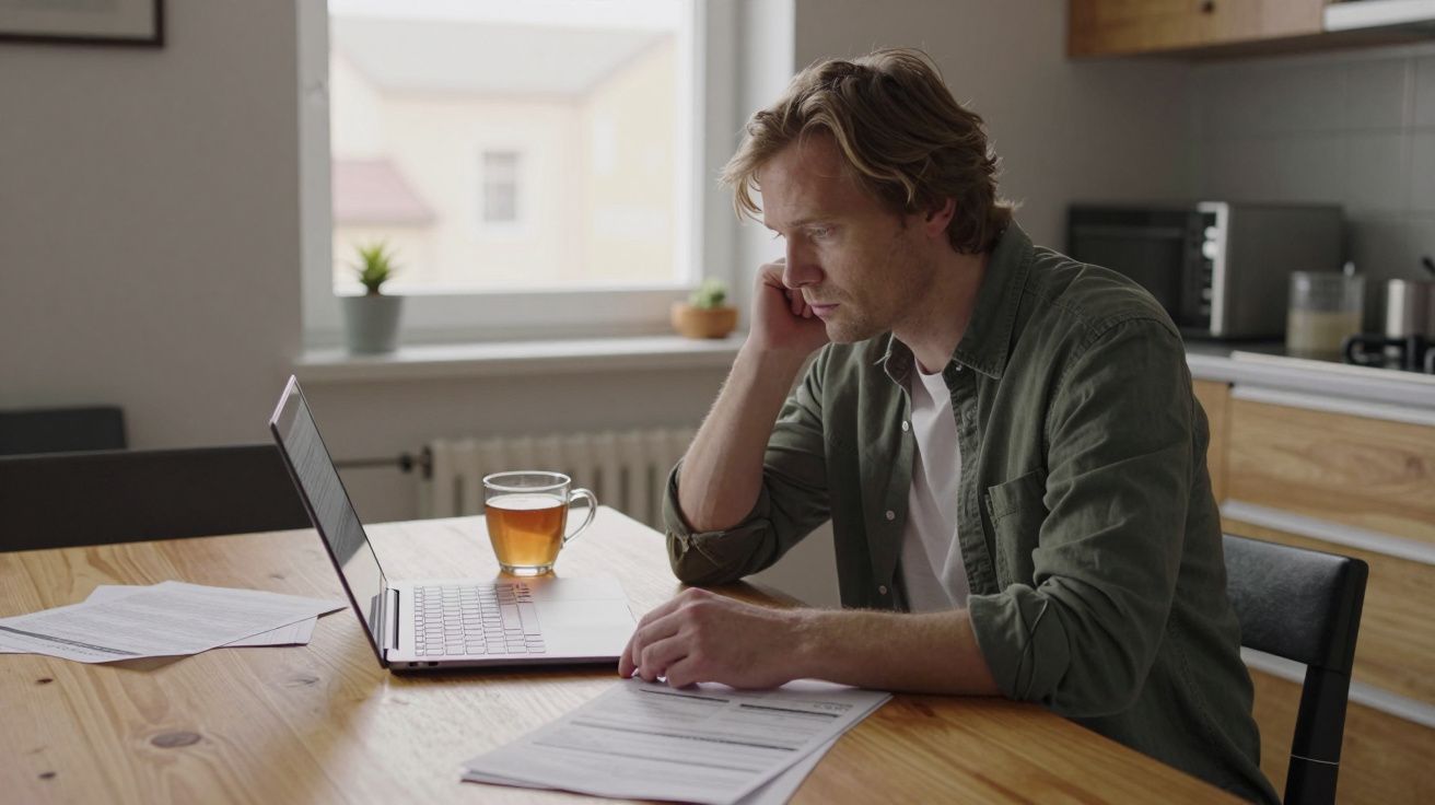 Man working on a laptop at a wooden table, with papers and a mug of tea, in a bright kitchen.