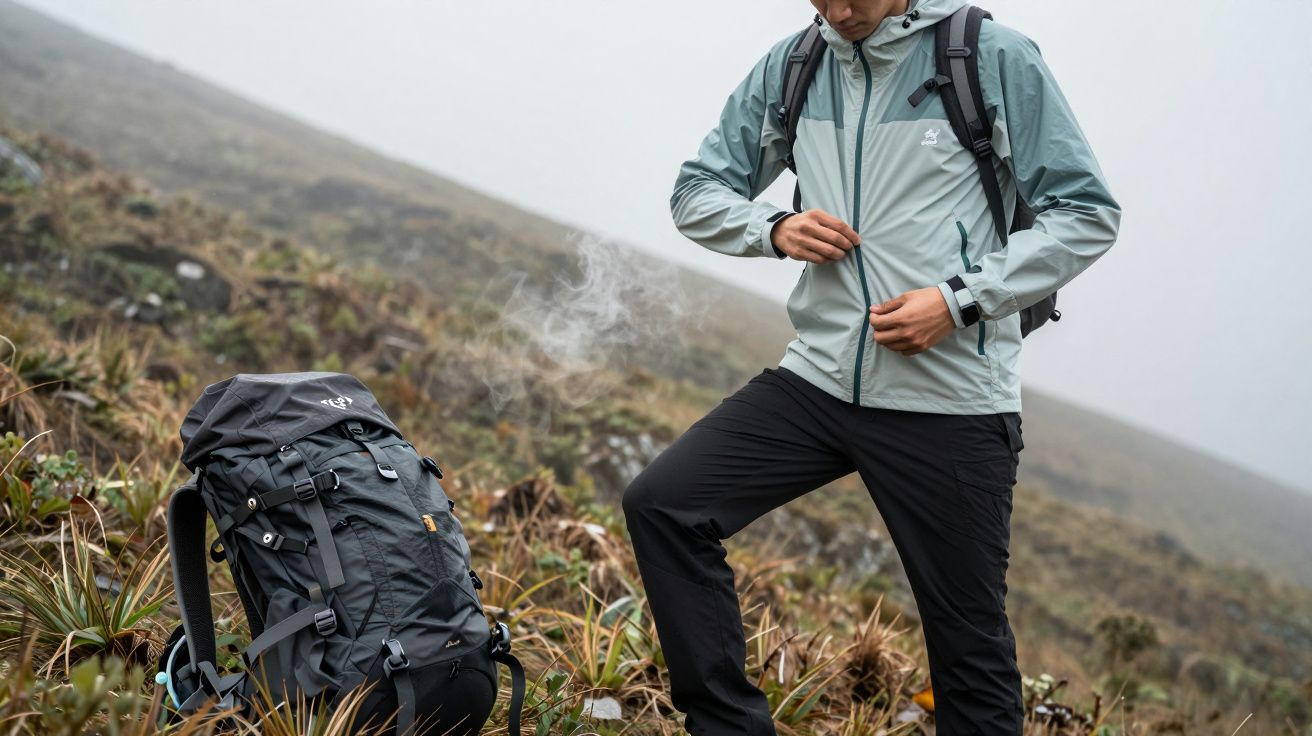 Man in hiking gear zipping jacket, standing beside a backpack on a misty hillside.