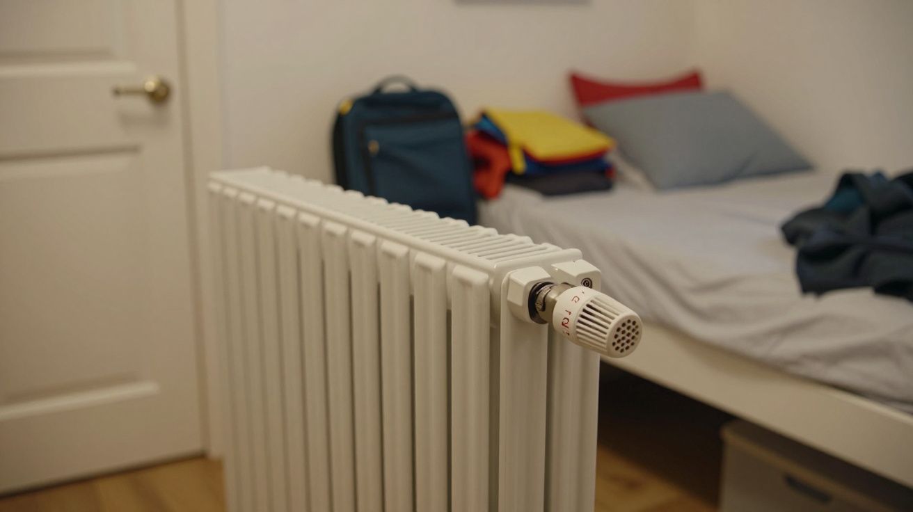 White radiator in a small bedroom with a bed, stack of clothes, and a blue backpack on the floor.