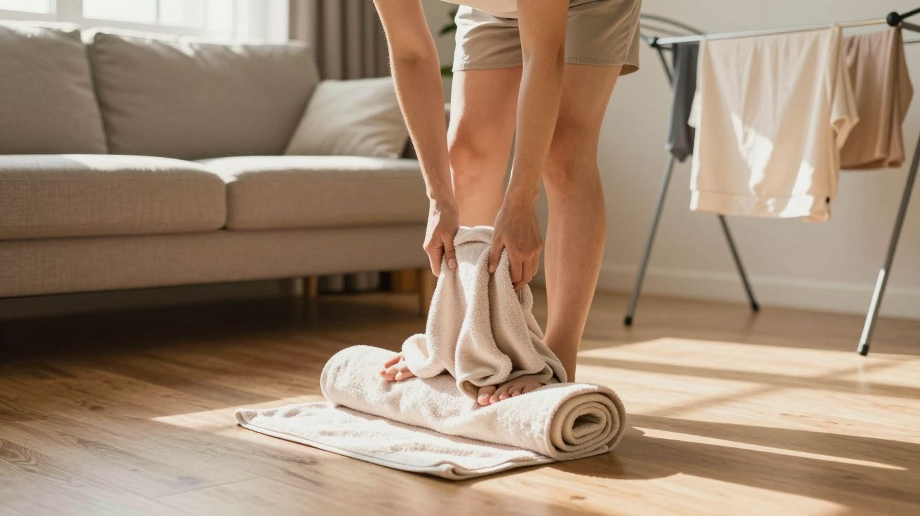 Person using rolled towels for foot exercise on wooden floor in sunlit room.