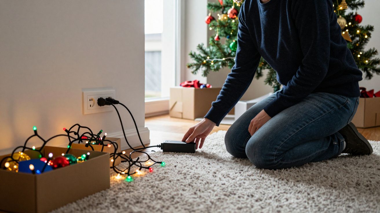 Person kneeling, setting up Christmas lights near a decorated tree and presents on a carpeted floor.
