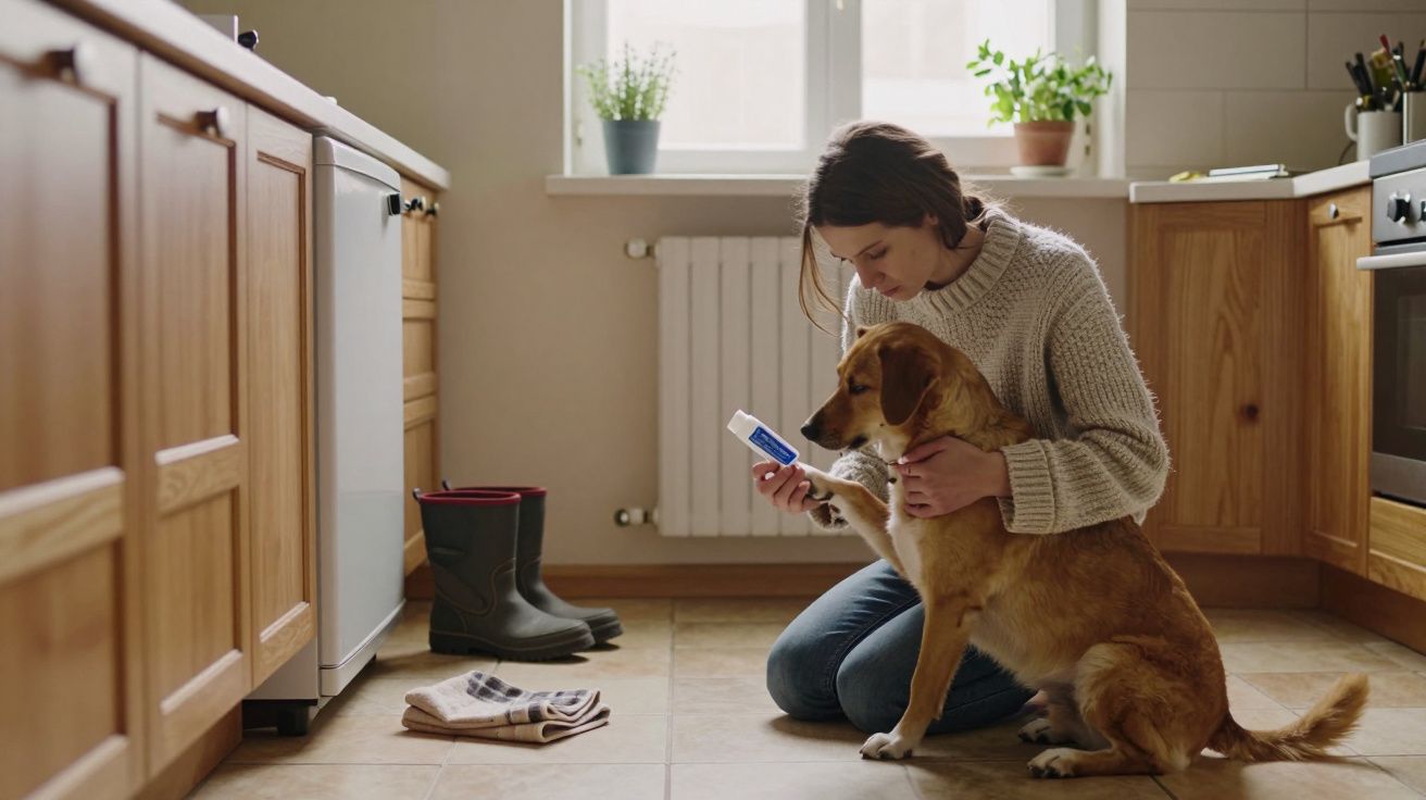 Woman applies cream on dog's paw in kitchen; kettle and plants by window.