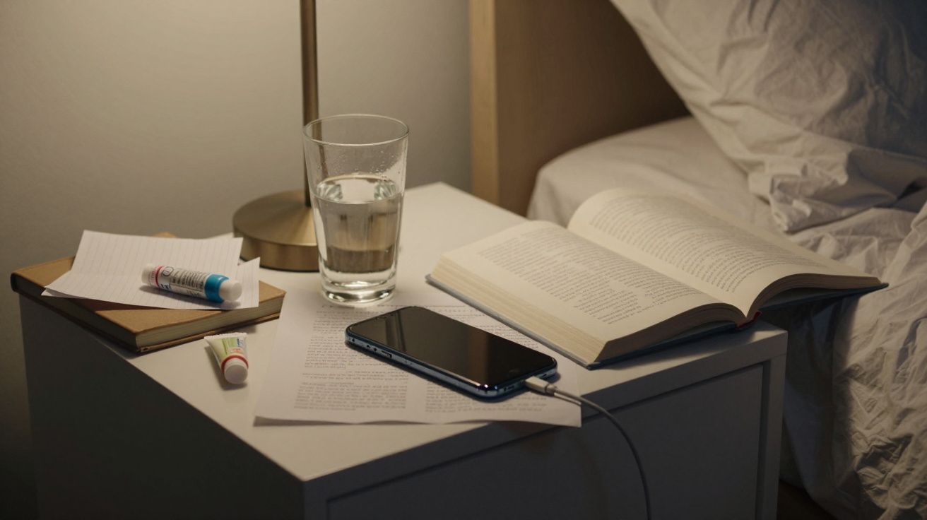 Nightstand with books, glass of water, charging phone, and lamp beside a bed.