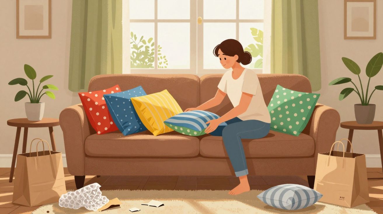 Woman arranging colourful cushions on a sofa in a cosy living room with potted plants and paper bags on the floor.