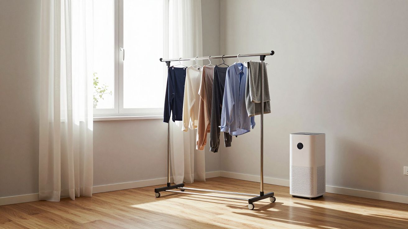 Clothes hanging on a rack beside a window, with an air purifier in a bright, minimalistic room.