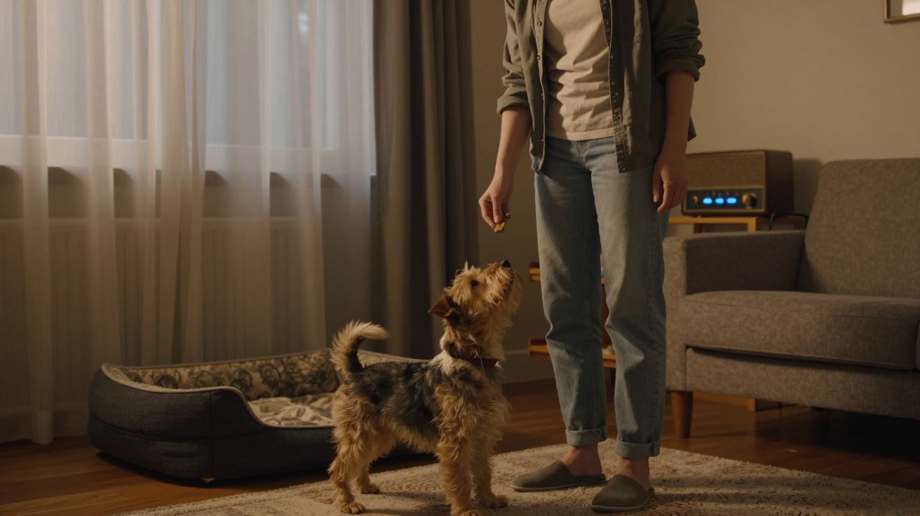 Person feeds a small dog treat in cosy living room with a pet bed and couch.