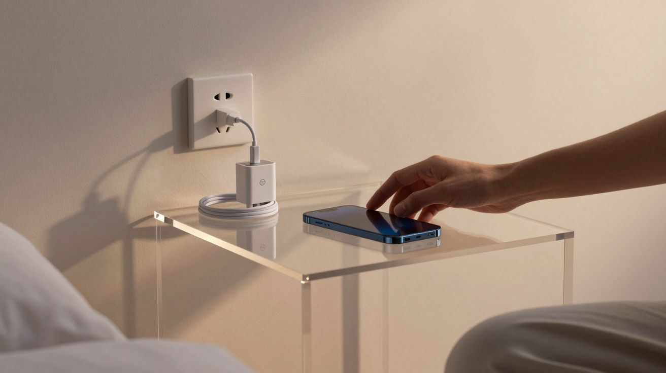 A hand reaches for a smartphone on a clear table beside a wall socket with a plugged-in charger.
