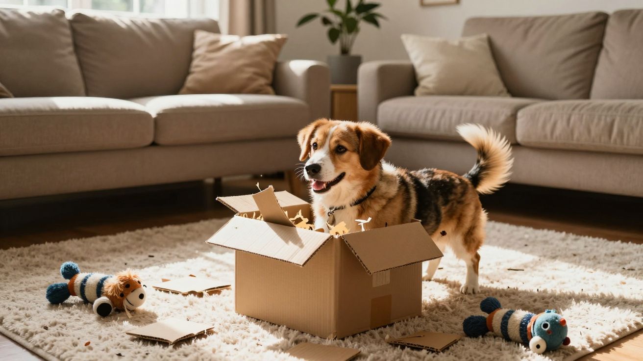 A dog happily plays with a cardboard box on a carpeted floor, surrounded by toys in a cosy living room.