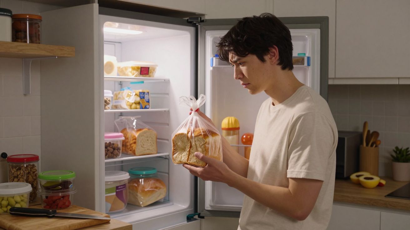 Man holding bread, looking into an open fridge filled with food in a kitchen.
