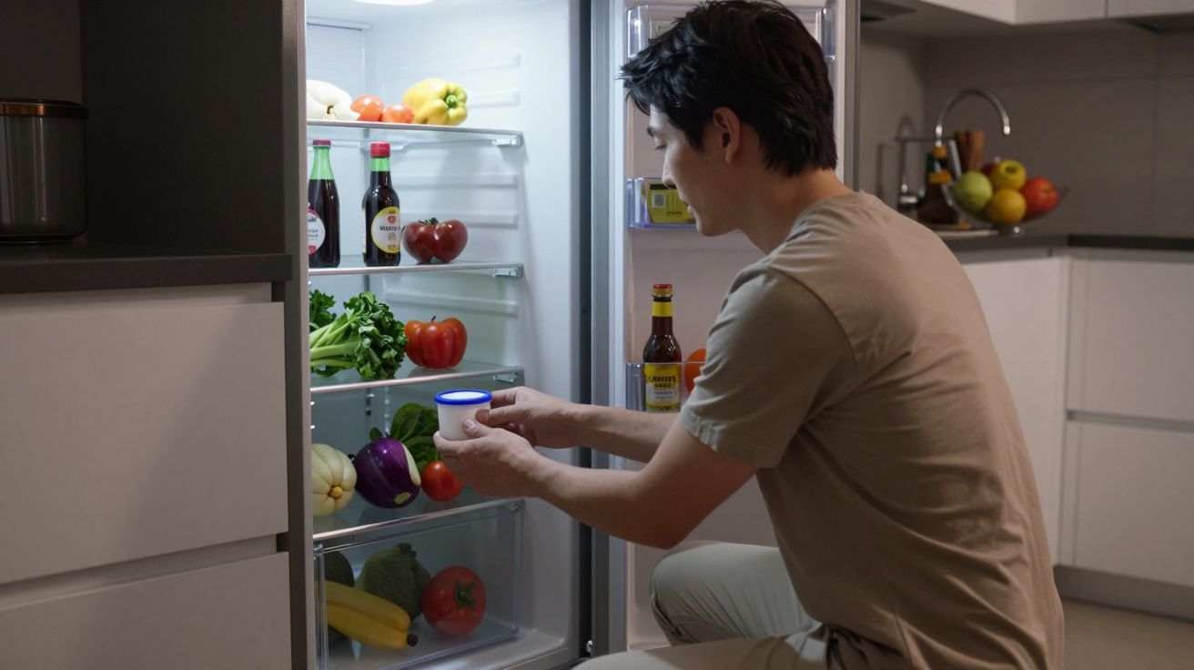Man kneeling, arranging vegetables in a well-stocked fridge in a modern kitchen.