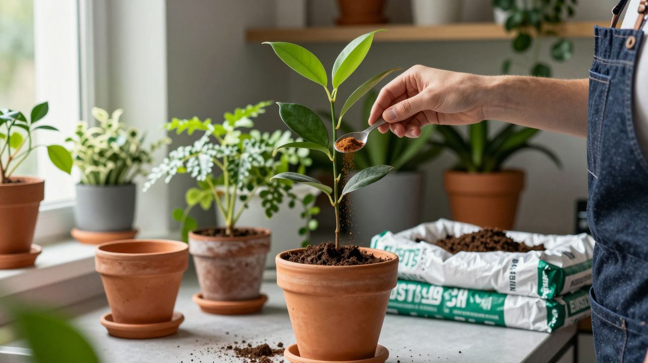 Person adding soil to a potted plant on a table, surrounded by other plants and empty pots.