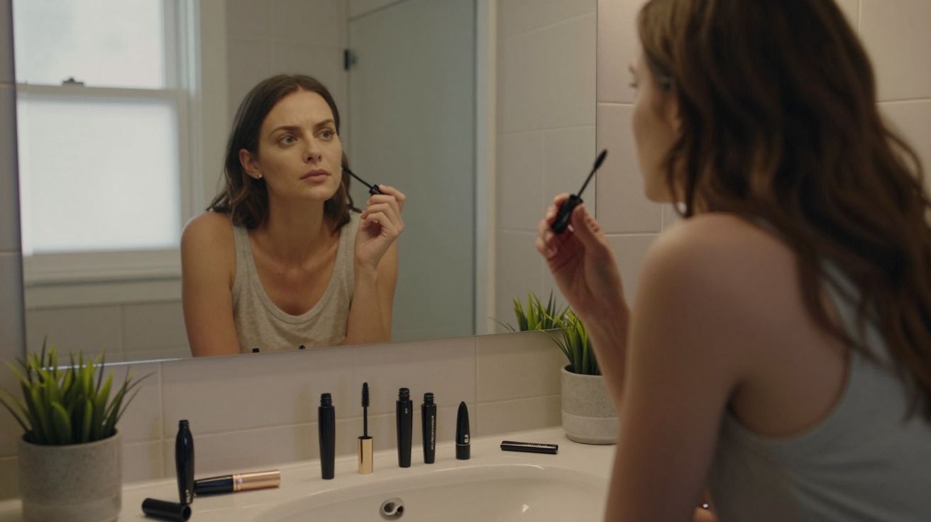 A woman applies mascara, looking in a bathroom mirror with a make-up collection on the sink and small plants by the window.