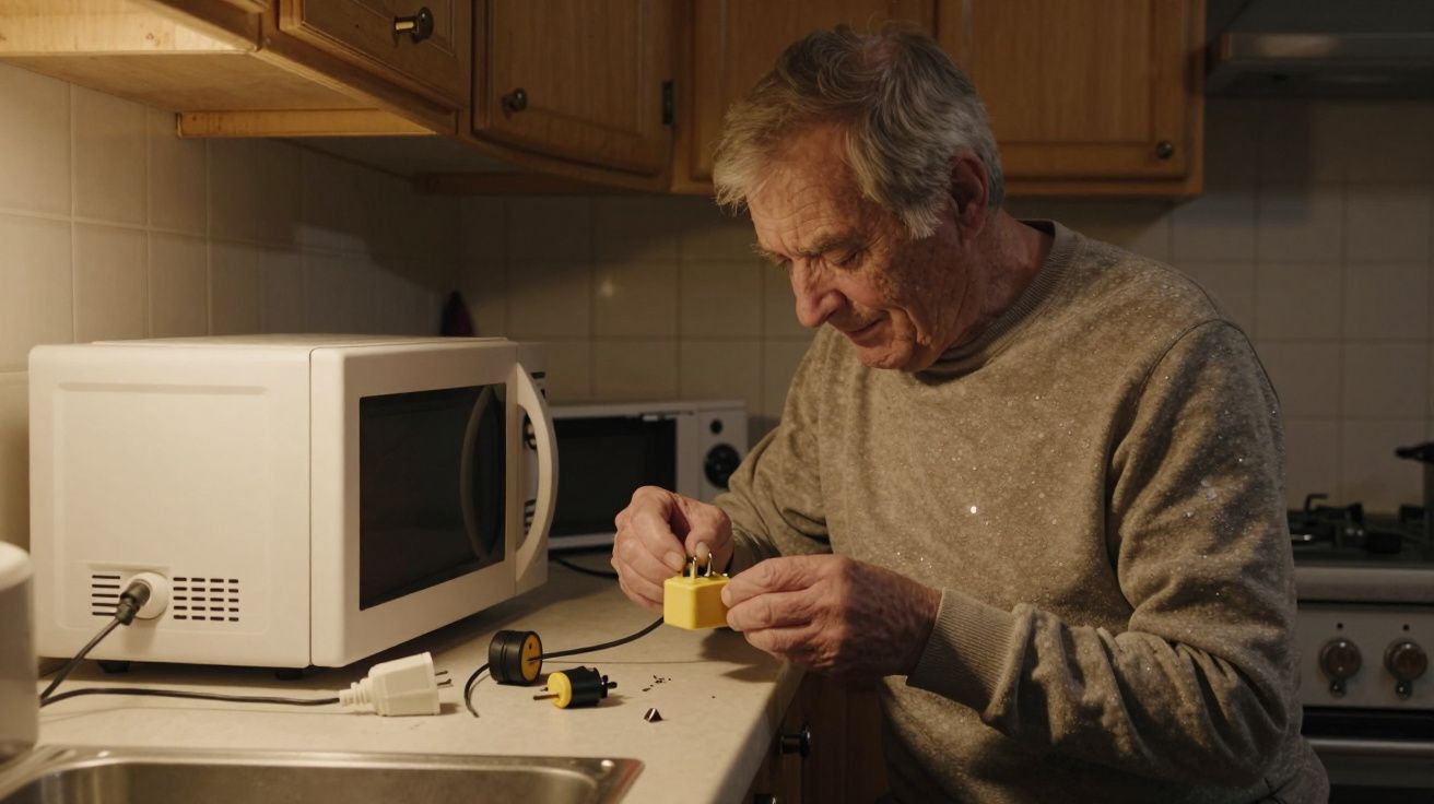 Elderly man repairs a plug at a kitchen counter near a microwave.