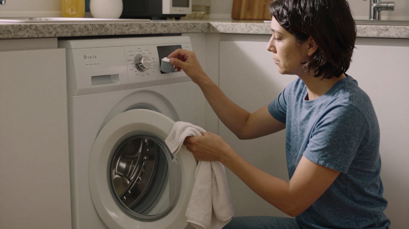 Person in a blue shirt setting a washing machine while holding a white cloth in a modern kitchen.